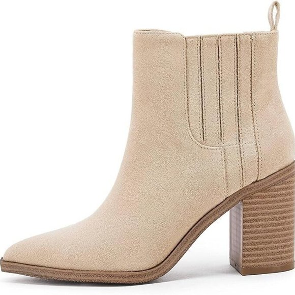 Womens Pointed Toe Ankle Booties Chunky Stacked Block Mid Heel Western New - Picture 2 of 8